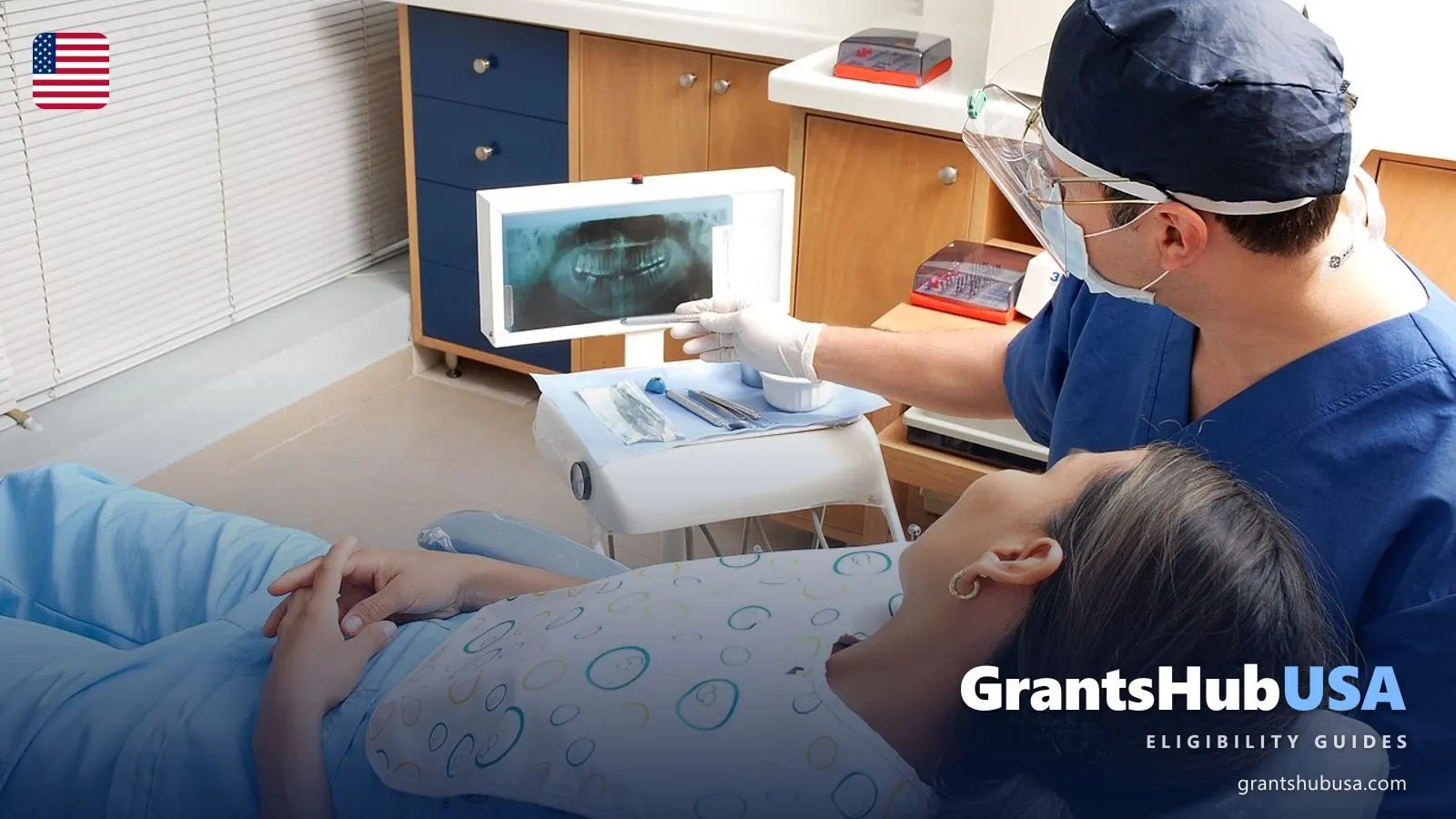 A dentist shows a patient her dental X-ray on a screen during a checkup
