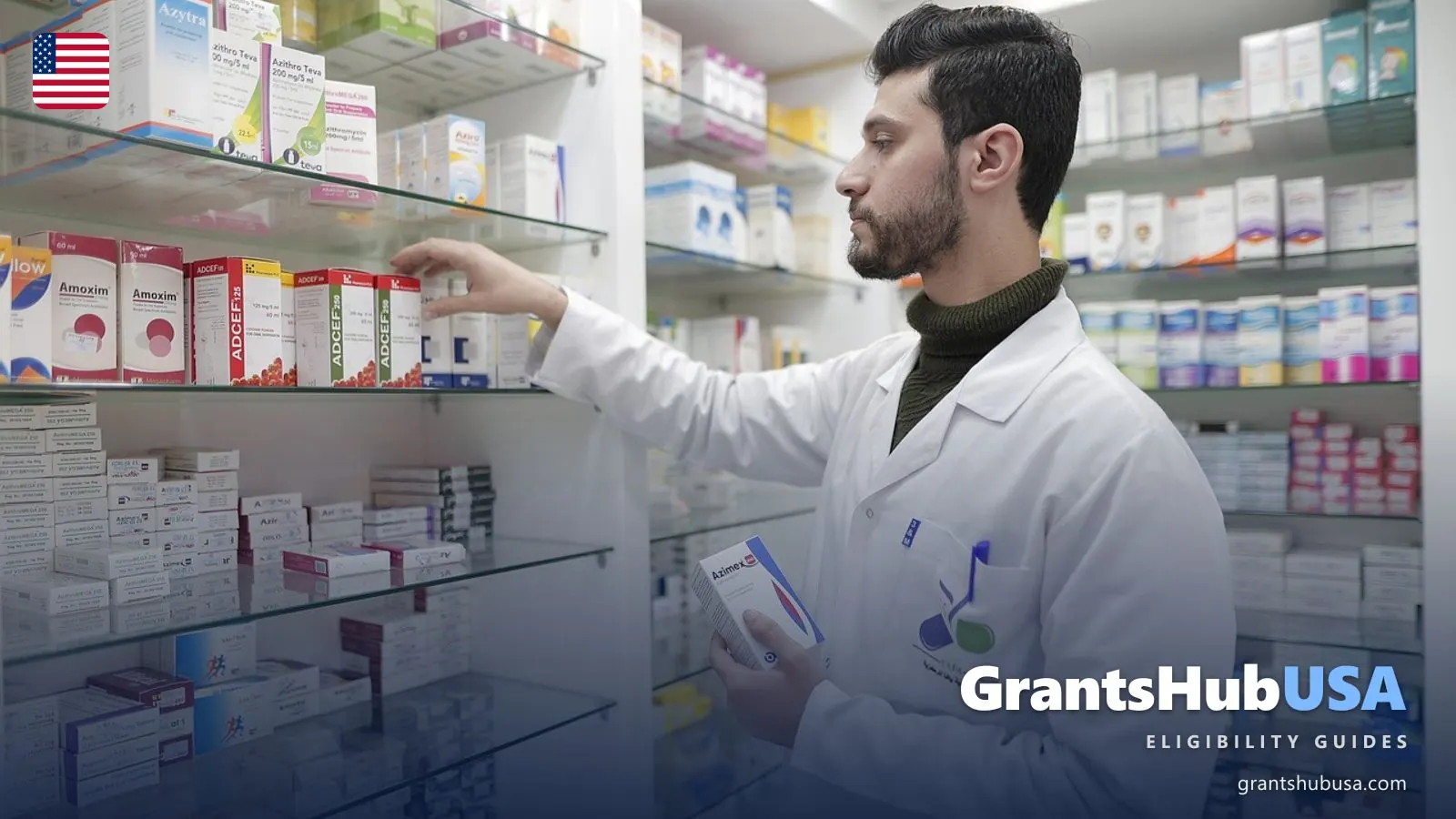 A pharmacist takes a box of prescription medicine from a pharmacy shelf