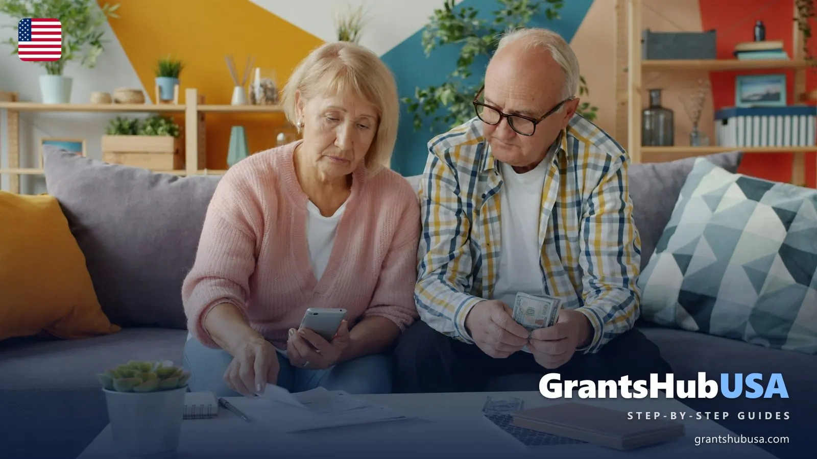 Older couple at home reviewing utility bills and a smartphone — preparing to apply for LIHEAP energy assistance. GrantsHubUSA step-by-step guide.