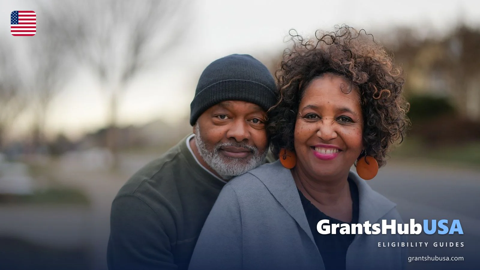 Senior couple smiling outdoors representing Medicare beneficiaries learning about Medicare Savings Programs (QMB, SLMB, QI) for 2026 premium relief. GrantsHubUSA Medicare benefits guide.
