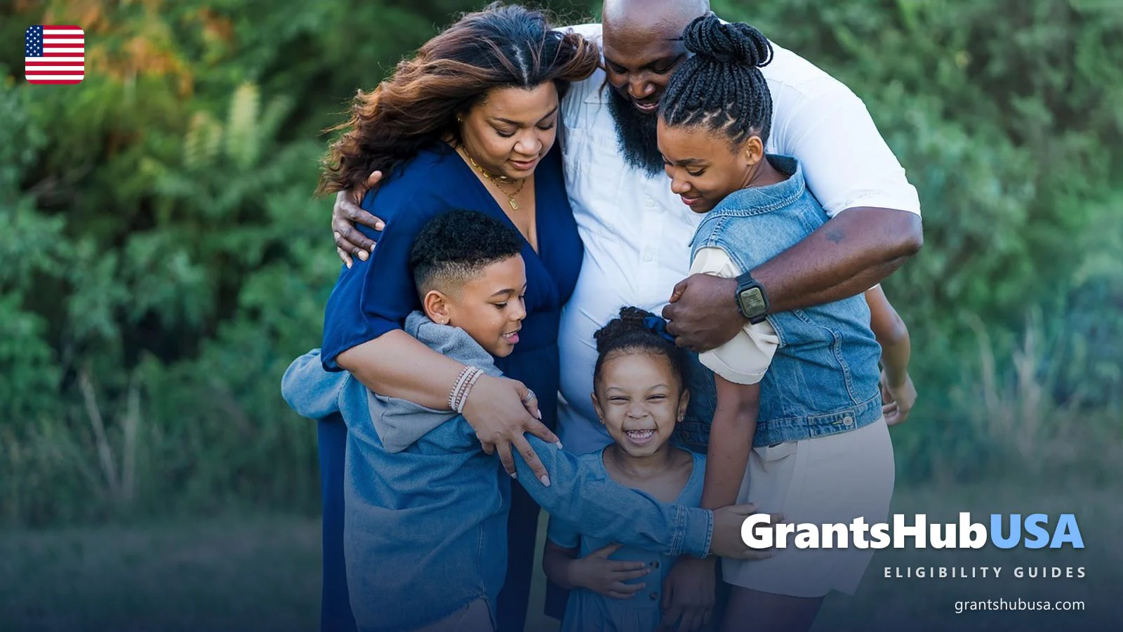 A family of two parents and three children embracing outdoors, illustrating the federal Children's Health Insurance Program (CHIP) that provides free or low-cost health coverage to uninsured children under 19 in families earning too much for Medicaid but too little for private insurance.