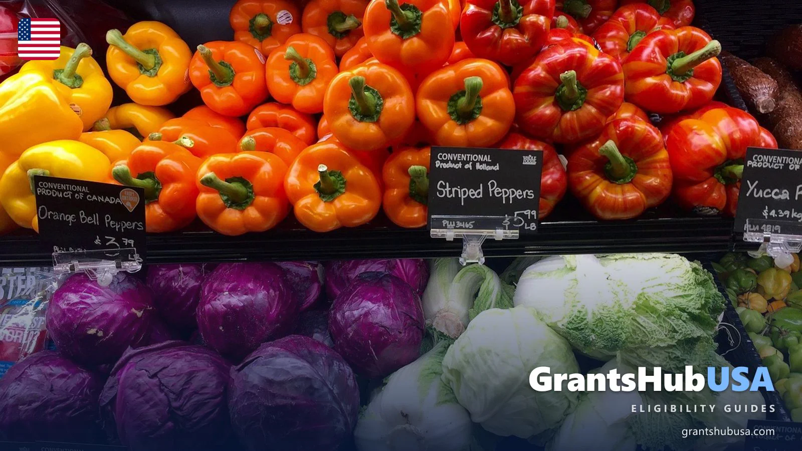 Colorful fresh produce display at a grocery store featuring bell peppers, red cabbage, and napa cabbage with price tags, illustrating the types of fresh fruits and vegetables that SNAP recipients can purchase using their EBT card at SNAP-authorized retailers.