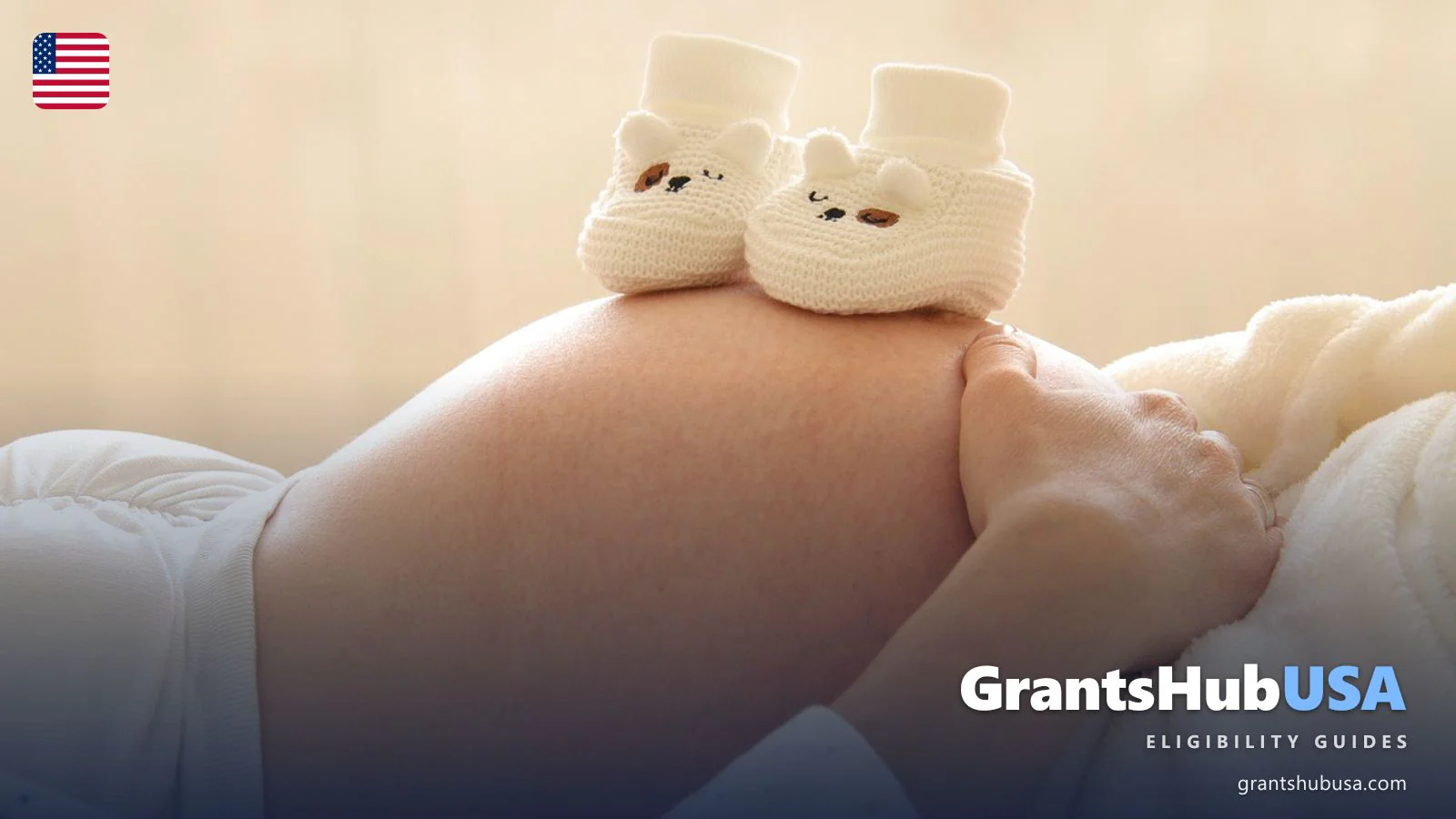 Pregnant woman cradling her belly with tiny baby booties on top, illustrating the federal WIC (Women, Infants, and Children) program that provides nutrition assistance to pregnant women, postpartum mothers, infants, and children up to age 5 with household income at or below 185 percent of the poverty line.