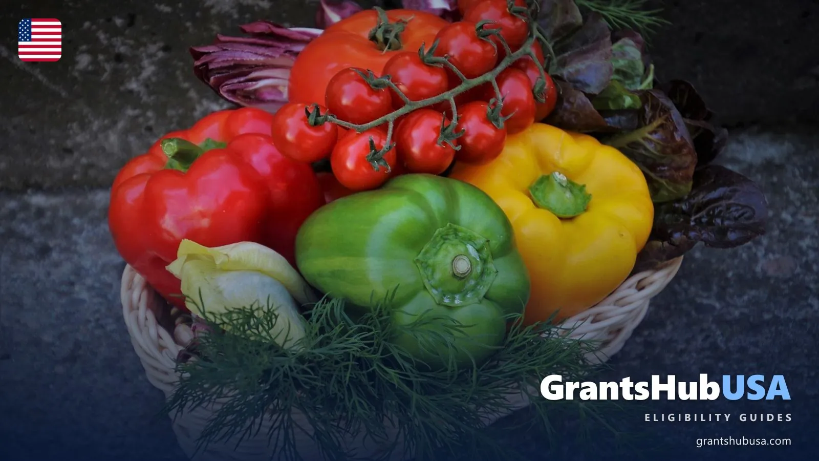 Fresh red, yellow, and green bell peppers with cherry tomatoes and leafy greens in a wicker basket, illustrating the fresh fruits and vegetables that WIC's 2026 cash-value benefit purchases at grocery stores and farmers markets. GrantsHubUSA WIC benefits guide.