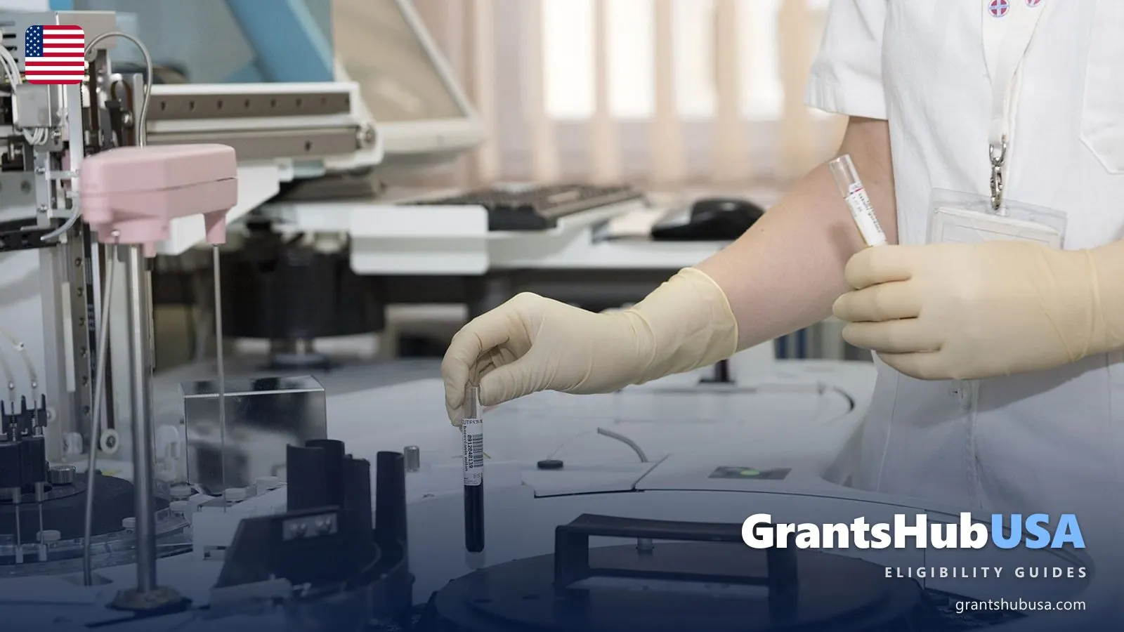 Healthcare worker holding a test tube in a laboratory, illustrating the Workforce Pell Grant 2026 program that funds short-term medical assistant, phlebotomy, and EKG technician training. GrantsHubUSA workforce Pell guide.