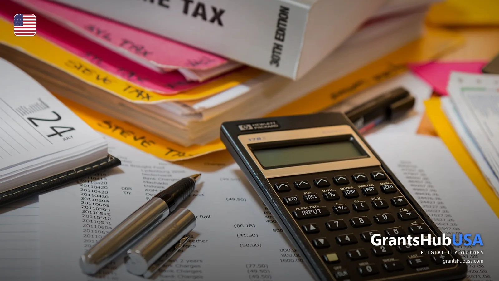 Income Tax book with financial calculator and detailed ledger, illustrating how 2024 tax return MAGI determines 2026 Medicare IRMAA surcharge tiers
