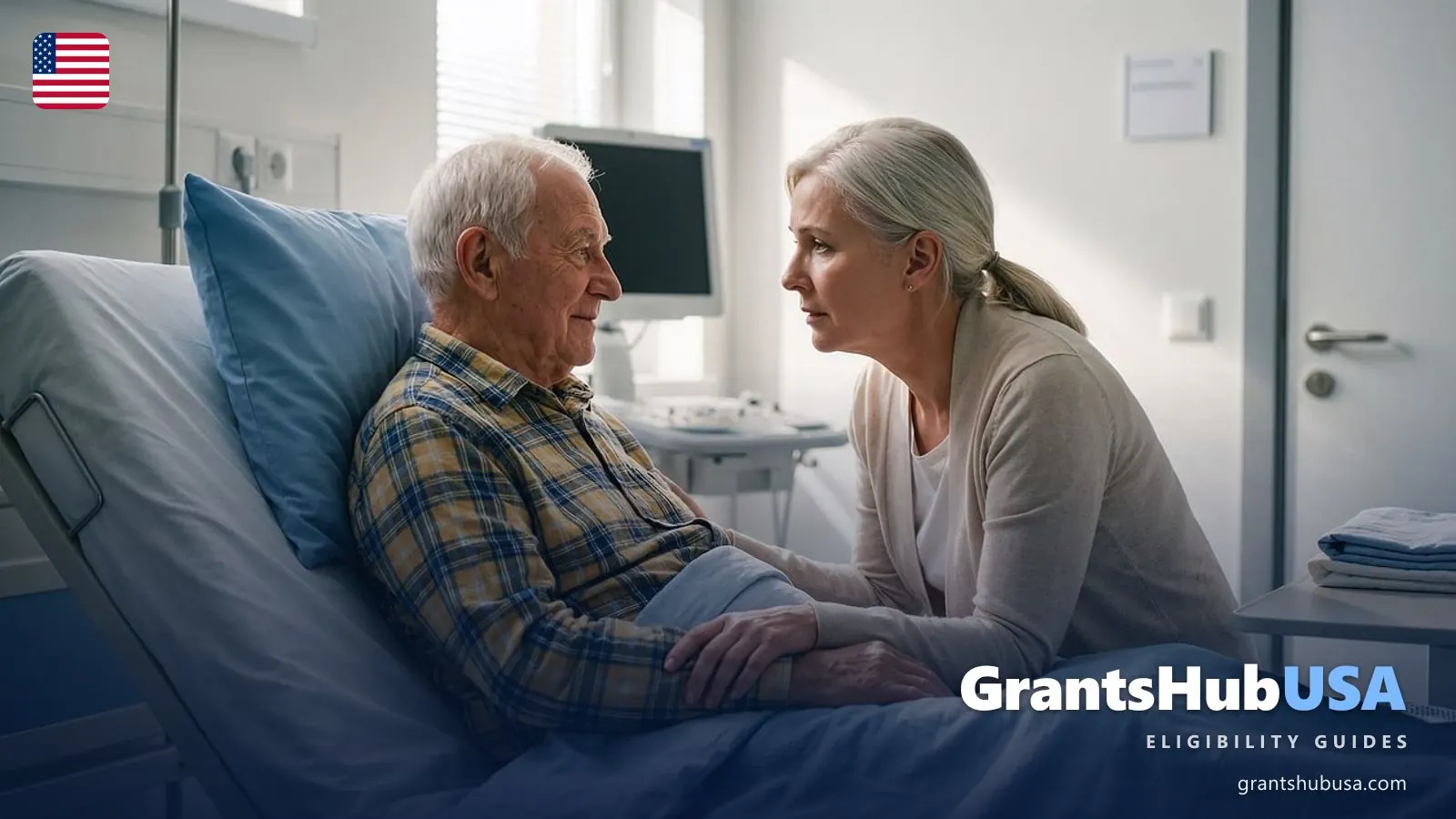 An elderly patient in a hospital bed with a visitor at bedside, illustrating Medicare Part A inpatient hospital coverage in 2026