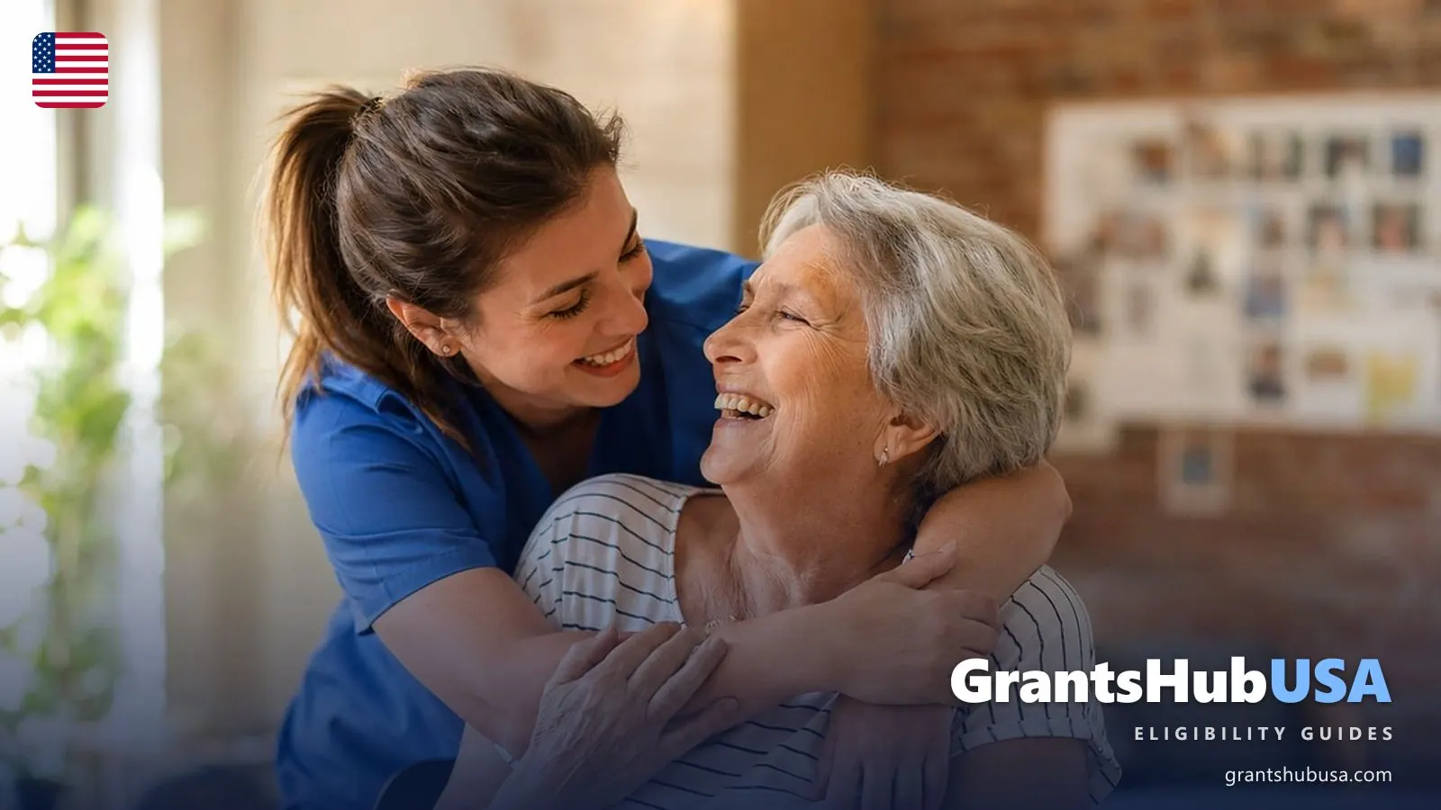 A caregiver in blue scrubs embraces a smiling elderly woman at home, illustrating Medicare Part B healthcare coverage in 2026