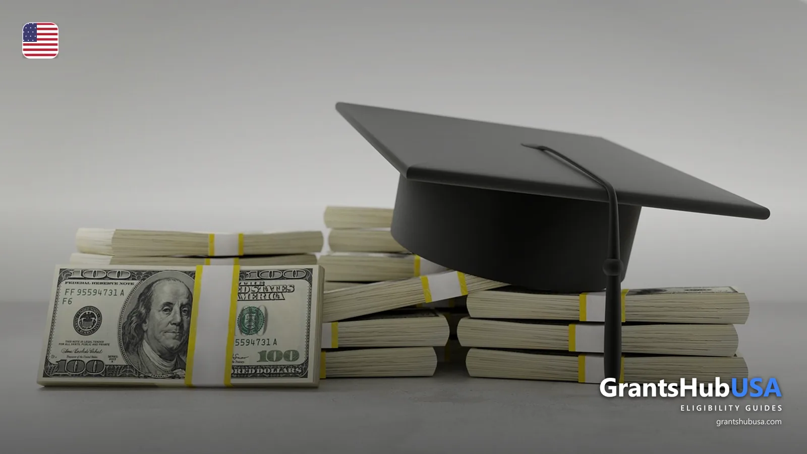 Graduation cap resting on stacks of $100 bills, illustrating how the 2026-27 Student Aid Index formula converts household income and assets into a Pell Grant eligibility number