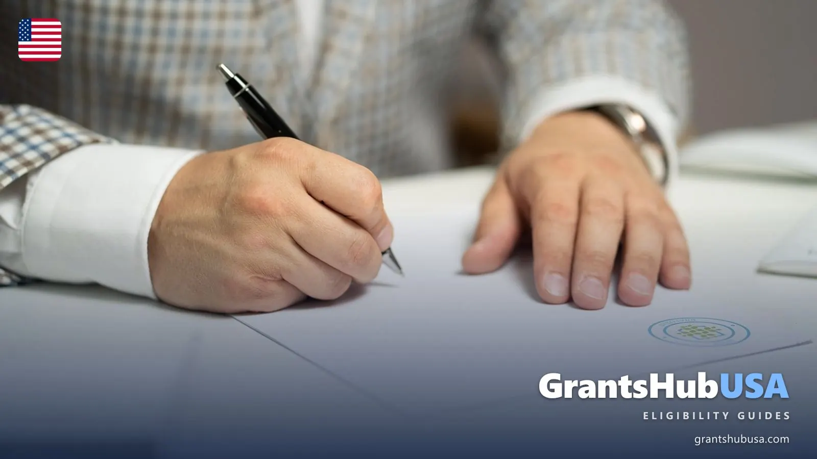 Hands completing a paper application form at a desk, illustrating how to apply for Medicare help for low-income seniors in 2026. GrantsHubUSA Medicare guide.