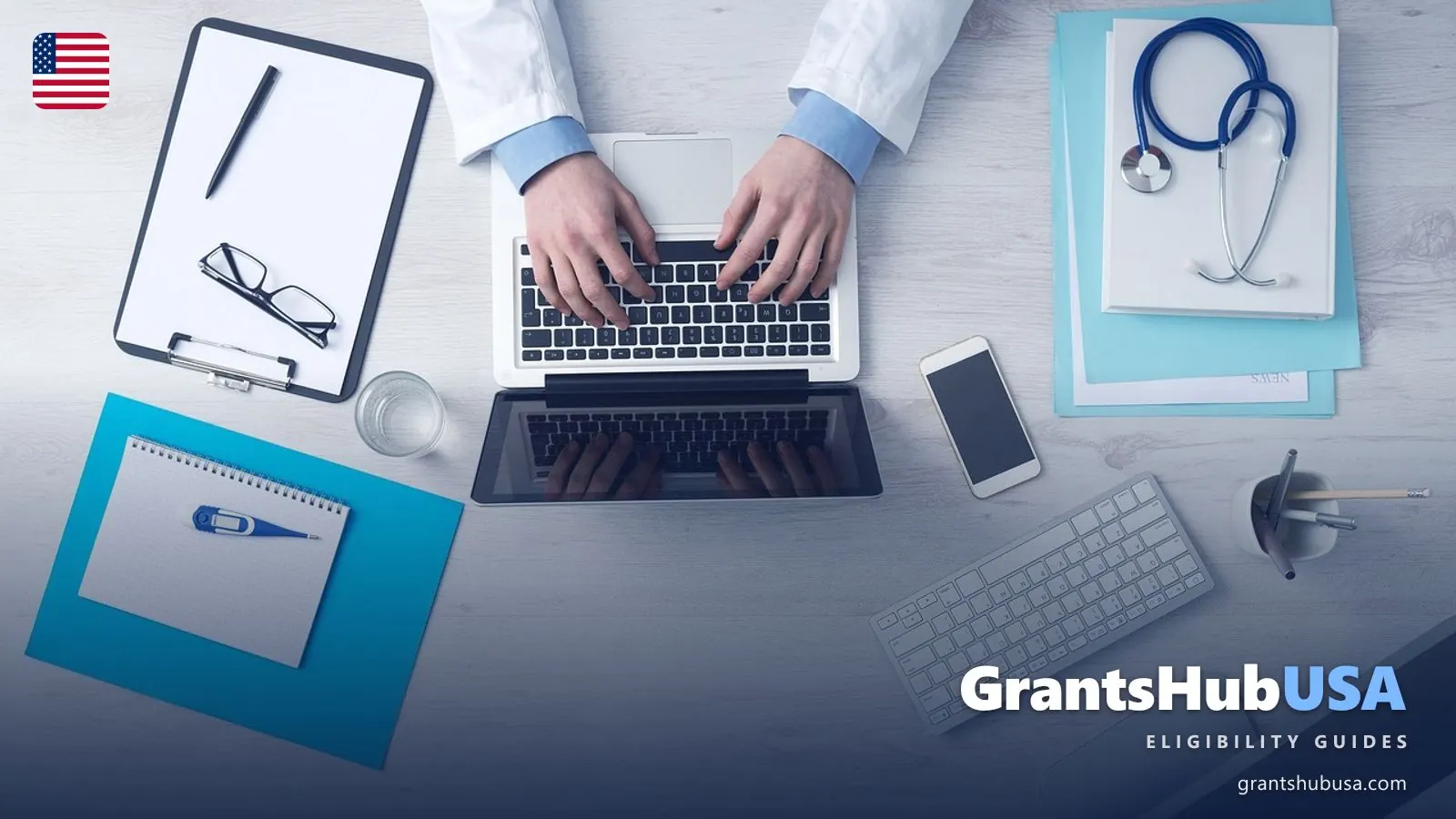 Doctor at a laptop with stethoscope, clipboard, and thermometer, illustrating a 2026 Medicare Advantage vs Medigap comparison decision. GrantsHubUSA Medicare guide.