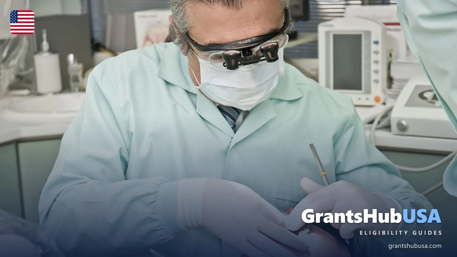 Dentist wearing magnifying loupes examines a patient in a dental chair, illustrating how to find a dentist that accepts Medicaid. GrantsHubUSA Medicaid dental guide.