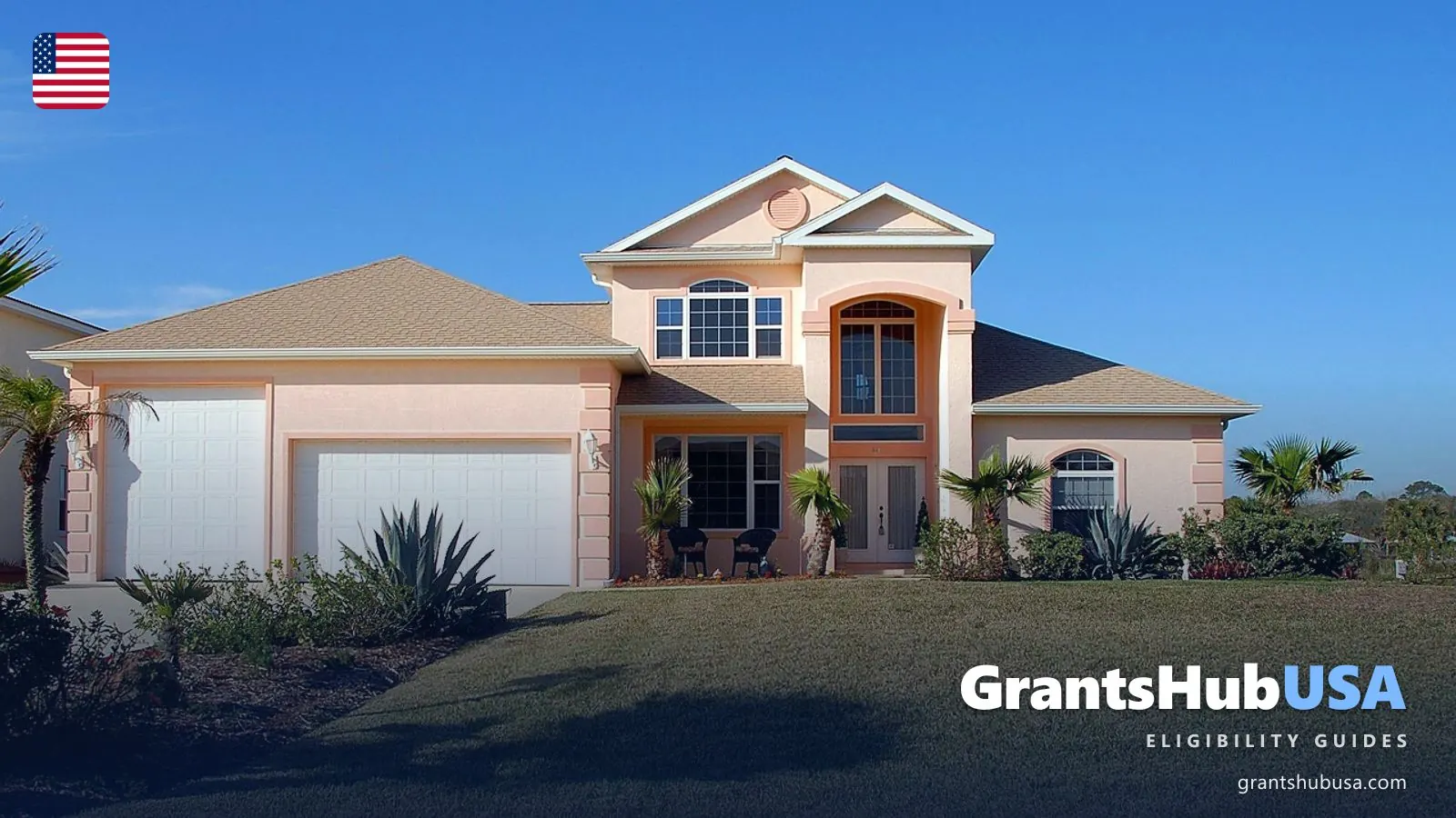 Two-story Florida stucco home with palm trees and a green lawn, the kind of house first-time buyers target with down payment help