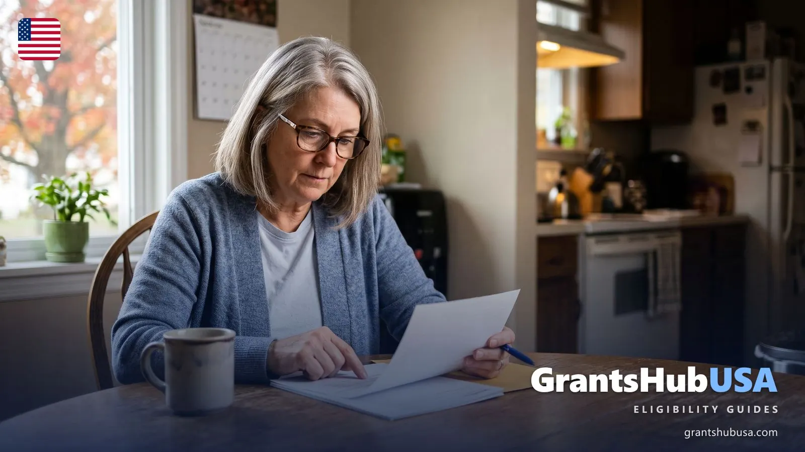Woman in reading glasses reviewing a Medicaid renewal form at her kitchen table with a coffee mug beside her
