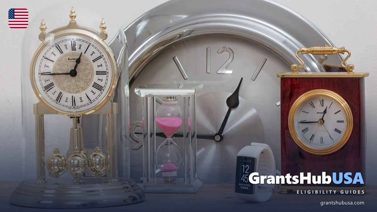 Clocks and a pink hourglass on a wooden shelf, a reminder that waiting to sign up for Medicare can add a lifelong late enrollment penalty