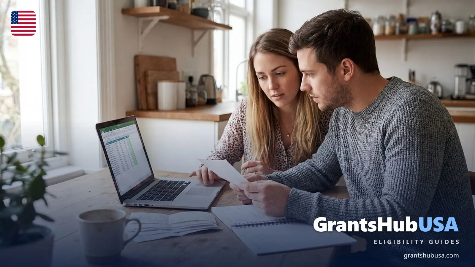 Couple at a kitchen table reviewing a document next to a laptop and paperwork
