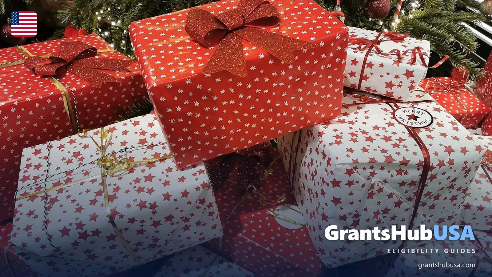 Salvation Army Christmas assistance: a pile of wrapped gifts in red and white star paper under a Christmas tree. Photo by Alexandra_Koch on Pixabay.
