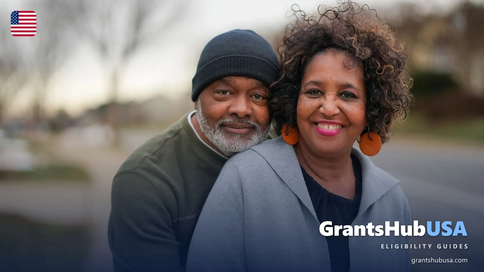 Smiling older married couple standing close together outdoors on a residential street