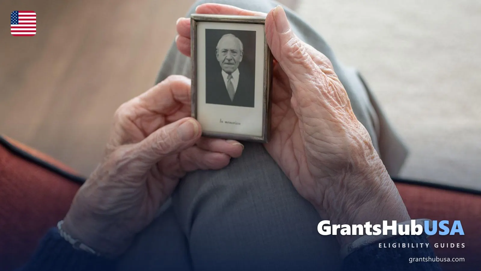 Older woman's wrinkled hands holding a framed photo of her late husband, a reminder of the family survivor benefits Social Security pays