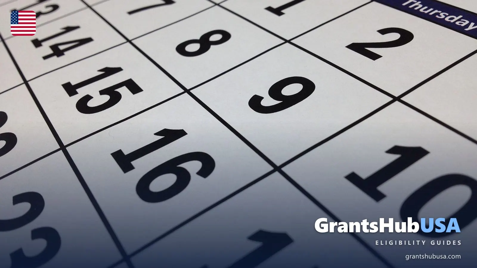 SSI payment schedule: close-up of a printed monthly calendar with large date numbers and a Thursday column, the kind of page SSI recipients use to mark the 1st and early deposit days. GrantsHubUSA.