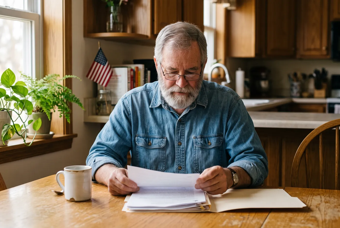 A veteran reviewing his paperwork at the kitchen table