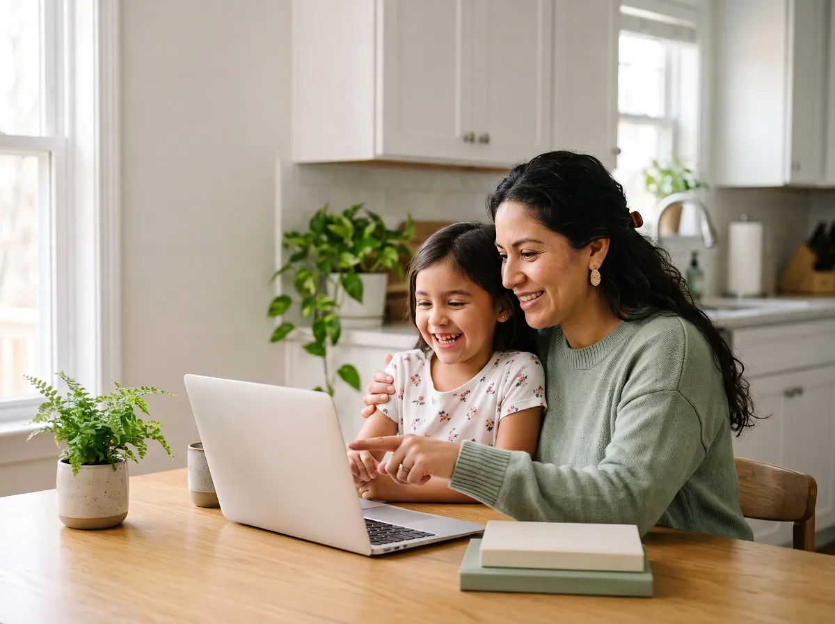 Mother and daughter smiling at a laptop at the kitchen table