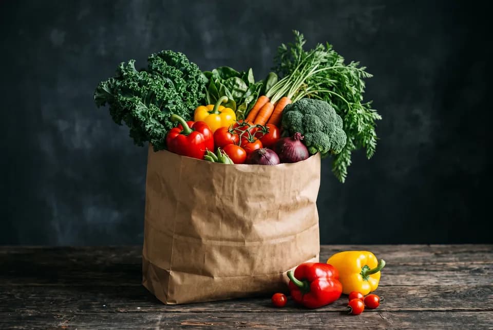 Paper grocery bag filled with fresh vegetables