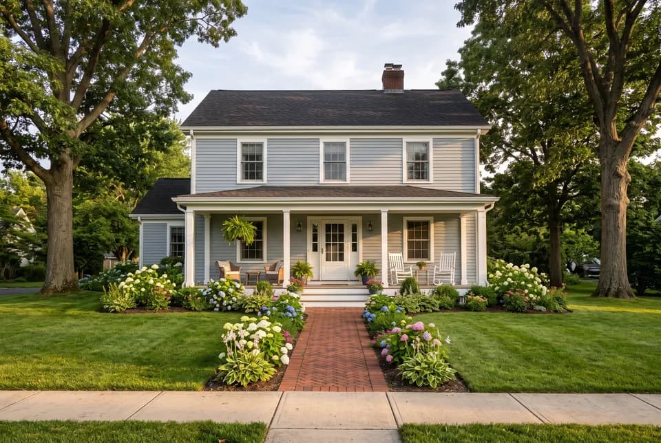 Two-story suburban house with a covered front porch and flower beds