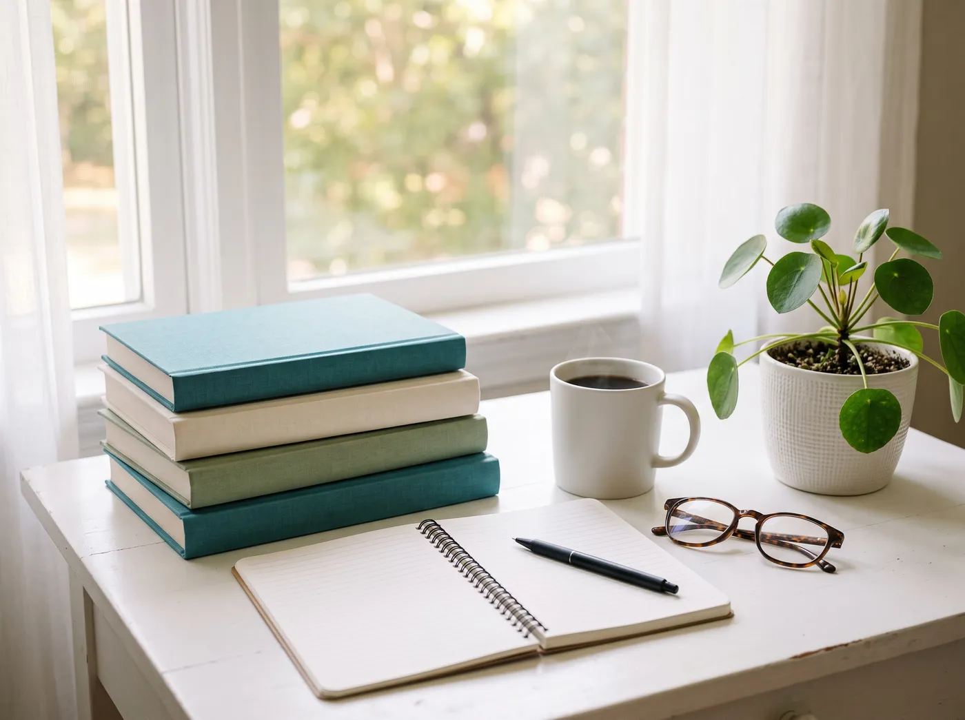 Stack of books, an open notebook and reading glasses on a bright desk