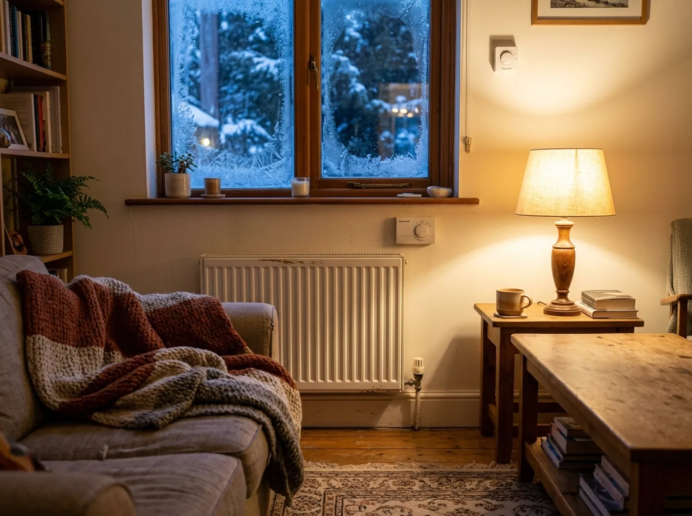 Warm living room with a radiator and thermostat