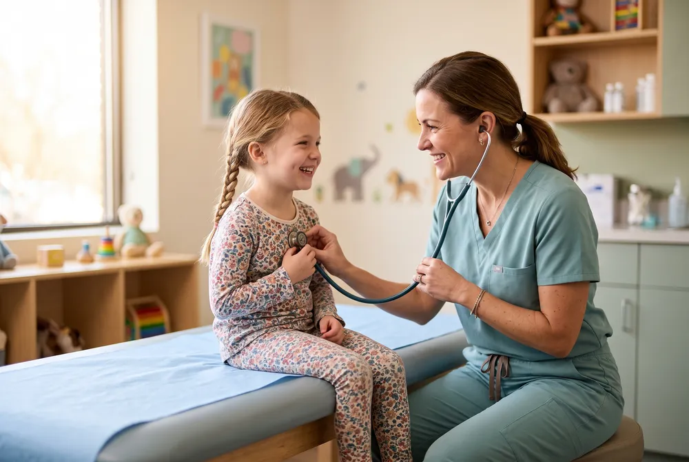 Pediatric nurse listening to a young girl's heartbeat