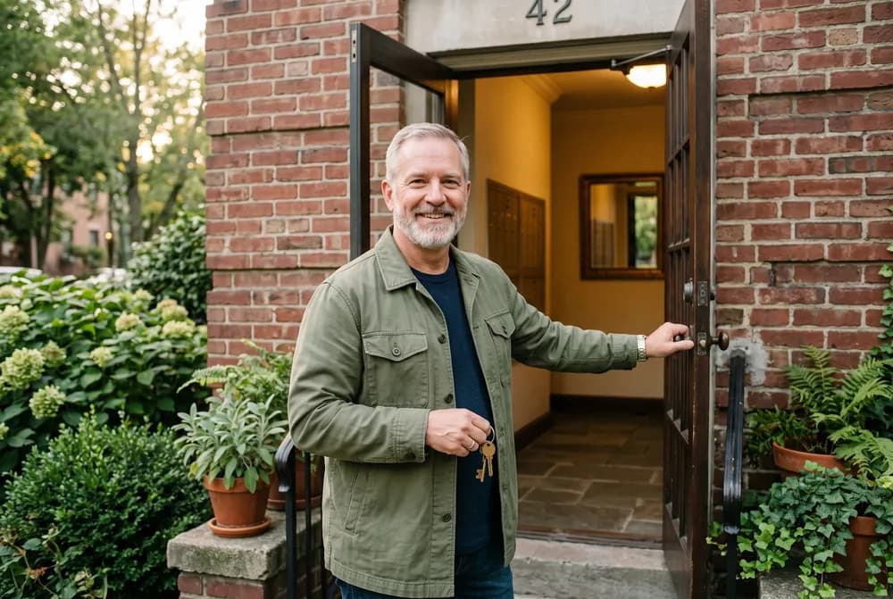 Veteran holding keys at the entrance of an apartment building