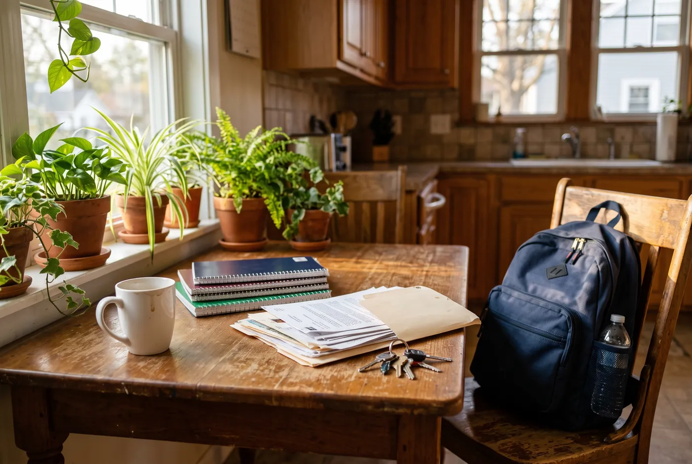 A kitchen table with notebooks, papers, keys and a school backpack