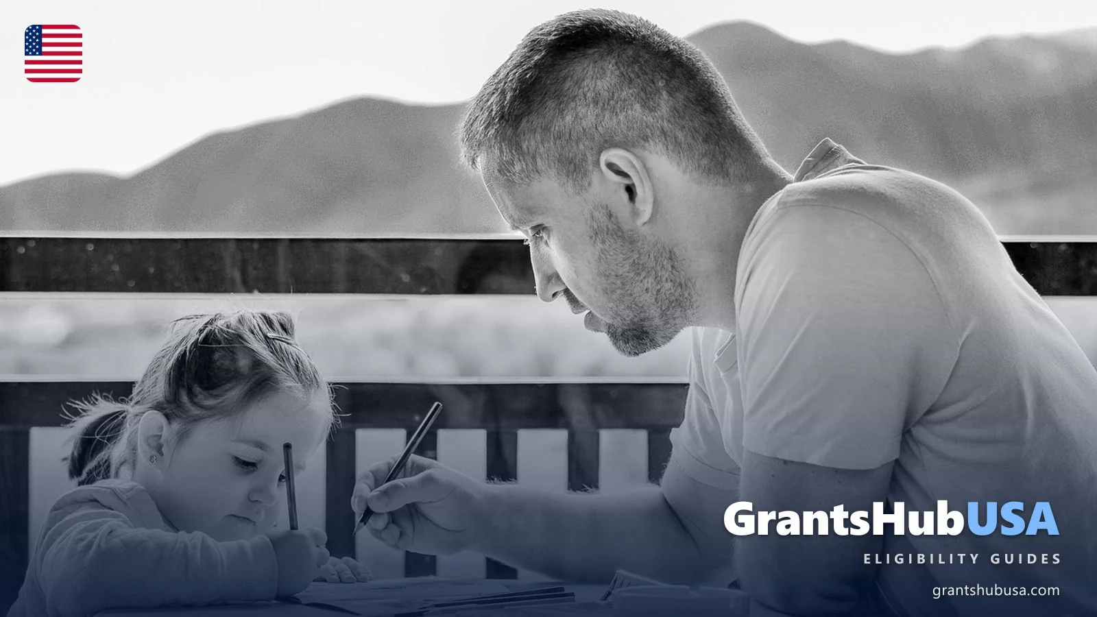 A working father and his young daughter doing schoolwork together at home, illustrating the Earned Income Tax Credit (EITC) which paid up to $8,046 to low- and moderate-income working families with three or more qualifying children for tax year 2025.