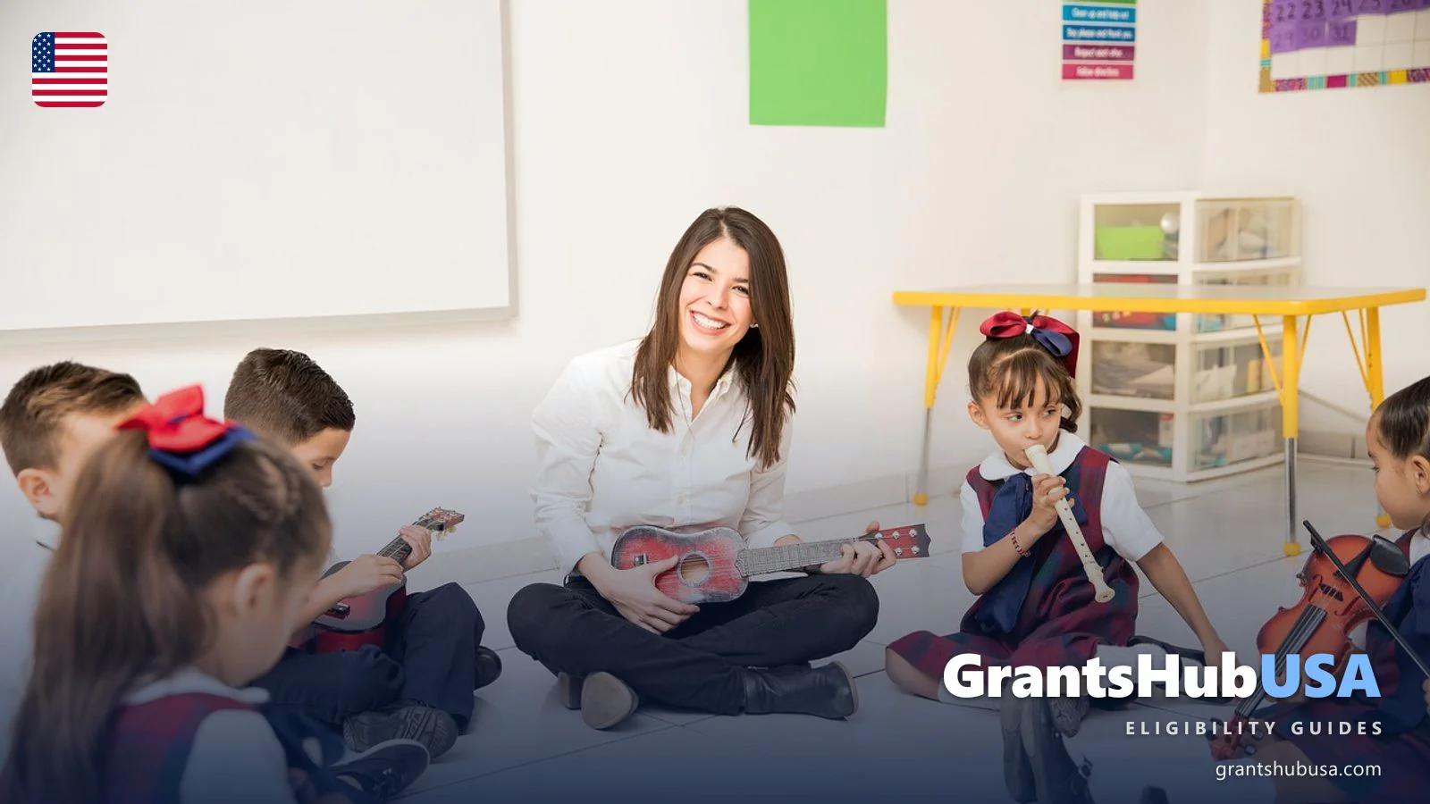 Preschool teacher and young children playing musical instruments together in a Head Start classroom, illustrating the federal program that provides free early childhood education to low-income families with children from birth to age five.
