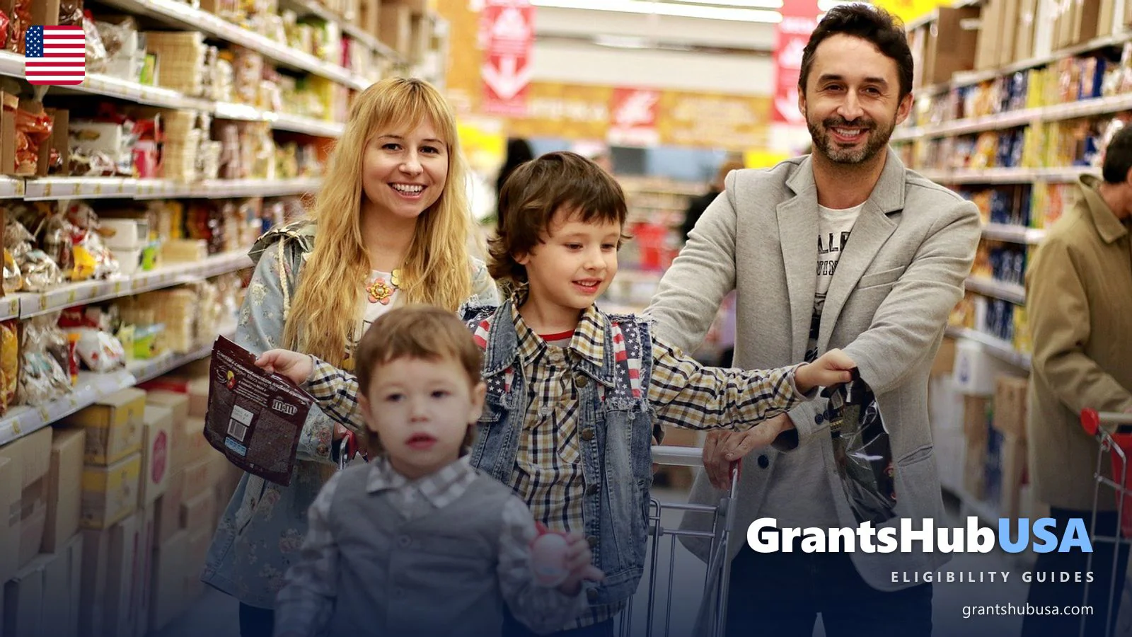 Family with grocery cart in supermarket aisle illustrating SNAP food assistance benefits and the EBT card grocery purchase workflow.