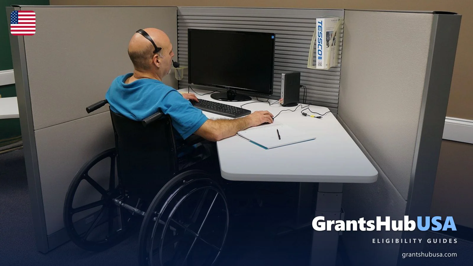 Disabled worker in wheelchair at a call center workstation, illustrating how Social Security Disability Insurance (SSDI) work credits are earned through covered employment before a disability begins, and how returning to work interacts with SSDI eligibility rules.