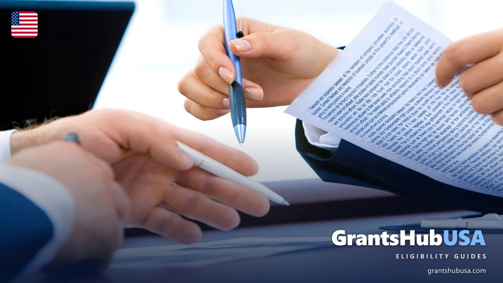 Two people at a professional desk reviewing paperwork and signing documents, illustrating the SSDI application process where applicants gather medical records, work history, and identity documents to submit a Social Security Disability Insurance claim online, by phone, or in person at a local Social Security field office.