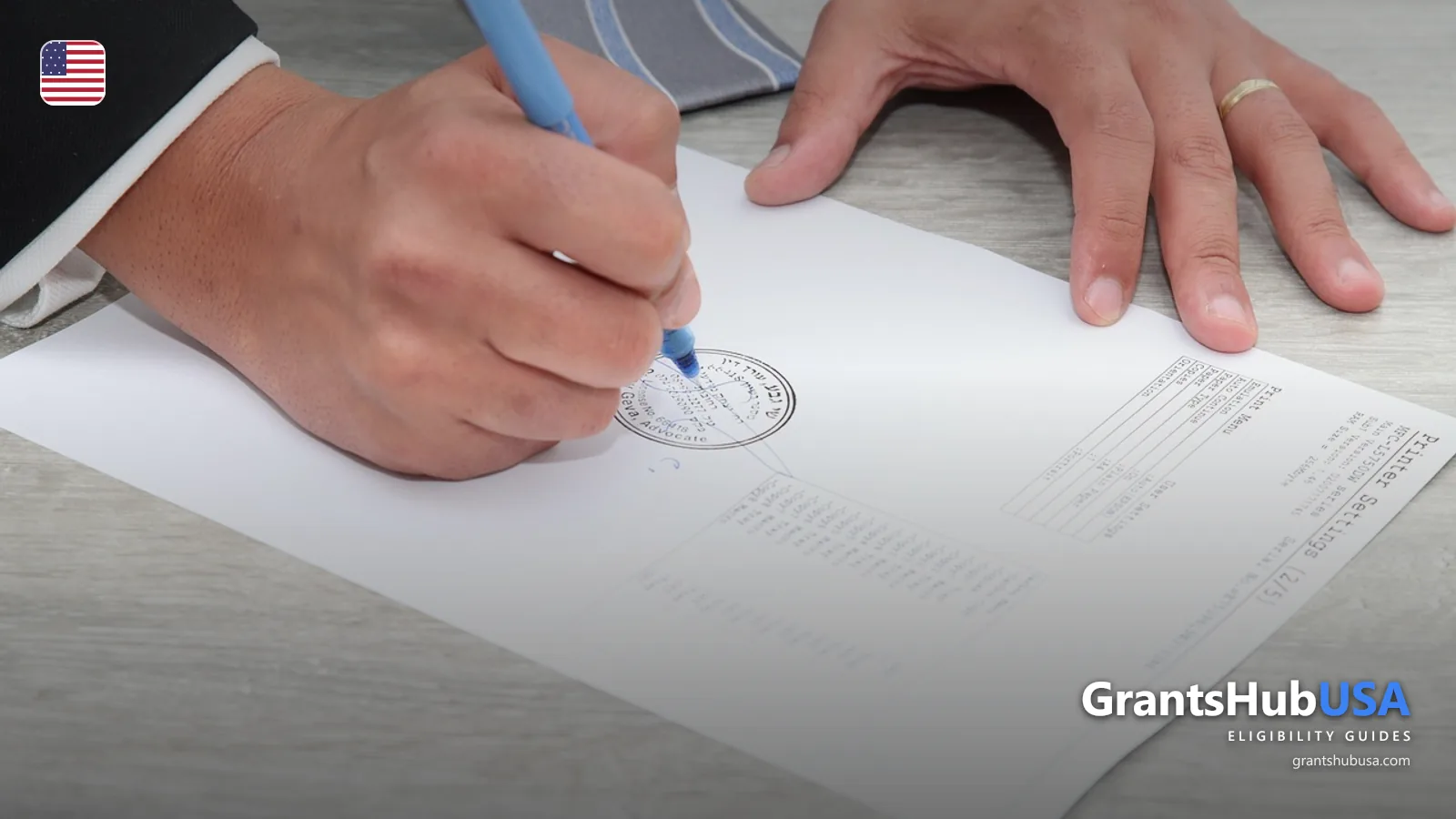 Hands signing a stamped legal document, representing the 60-month asset-transfer review conducted during a Medicaid long-term care application under 42 U.S.C. 1396p(c)