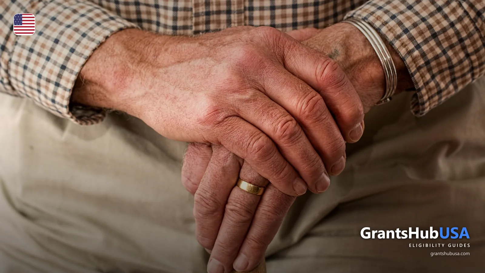 Elderly hands folded on a wooden walking cane with a gold wedding ring, illustrating a senior weighing the choice between Medicare Advantage and Original Medicare for 2026 coverage