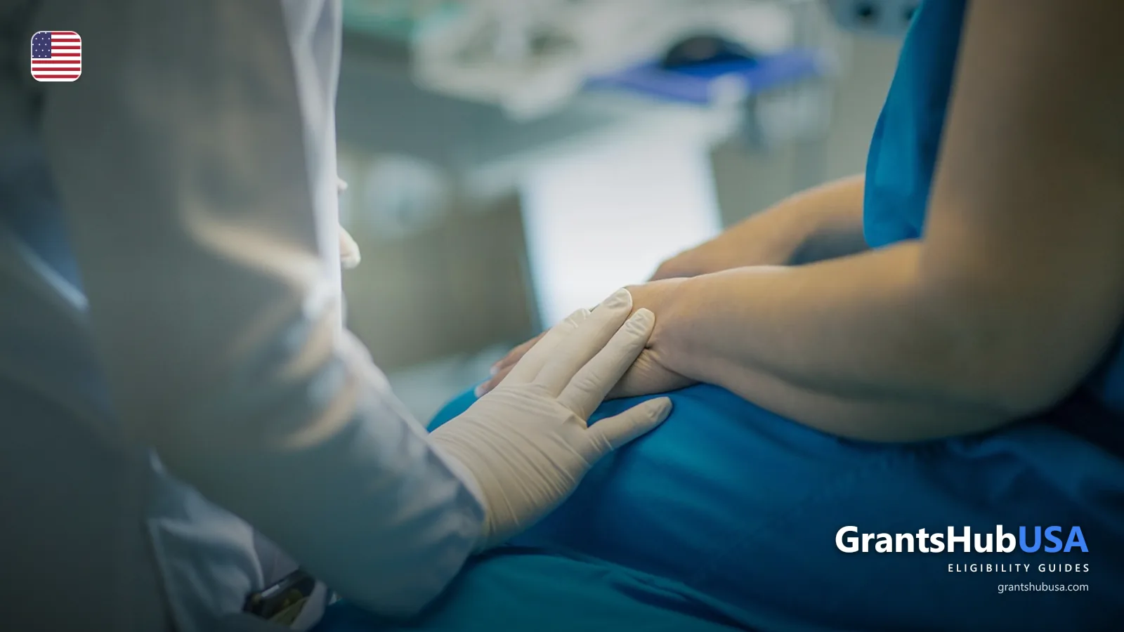 Doctor in gloves comforting an elderly patient in blue hospital scrubs; illustrating 2026 Medicare Part A hospital deductible costs