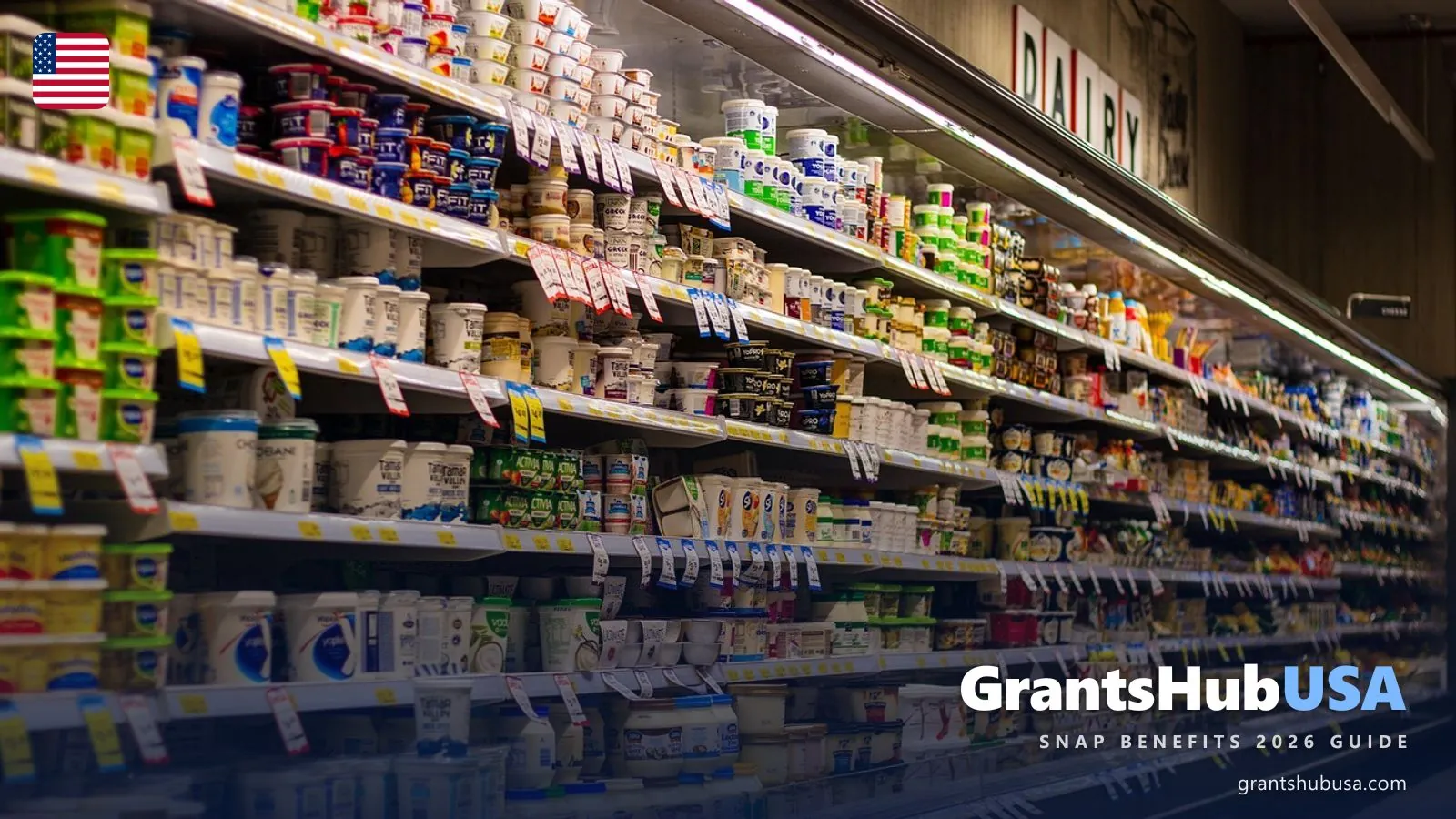 Fresh produce section in an American supermarket where SNAP EBT card recipients shop for food, illustrating the everyday grocery purchases covered by SNAP benefits in every US state. GrantsHubUSA SNAP Benefits by State 2026 guide.