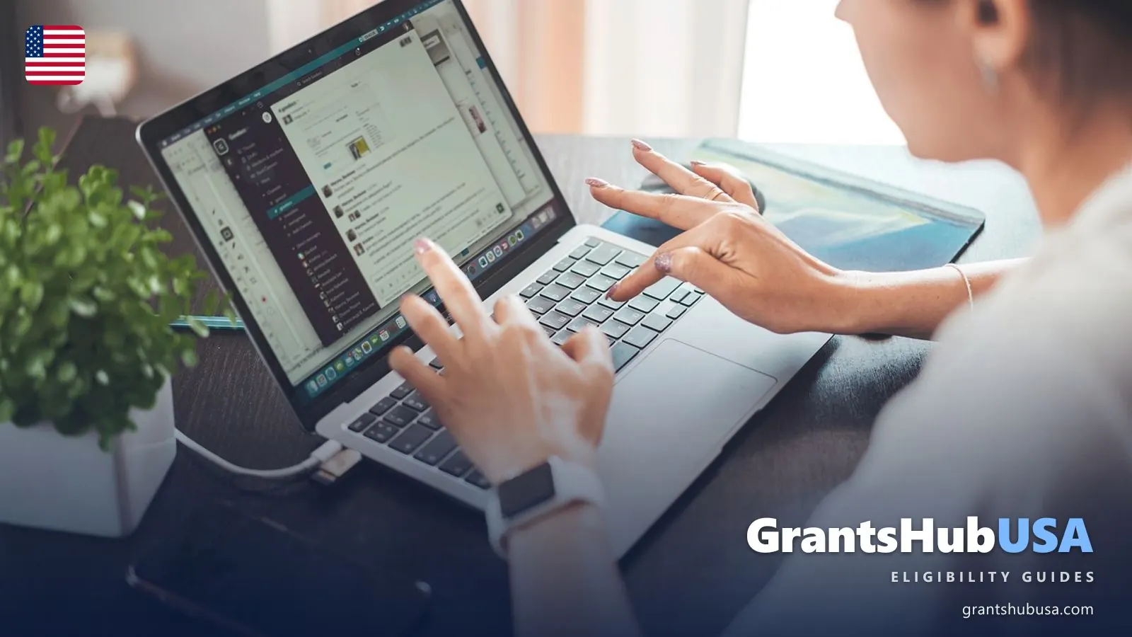 Woman at a home desk comparing options on a laptop, illustrating shopping for a Marketplace plan online during ACA Open Enrollment 2026 for 2027 coverage. GrantsHubUSA health insurance guide.