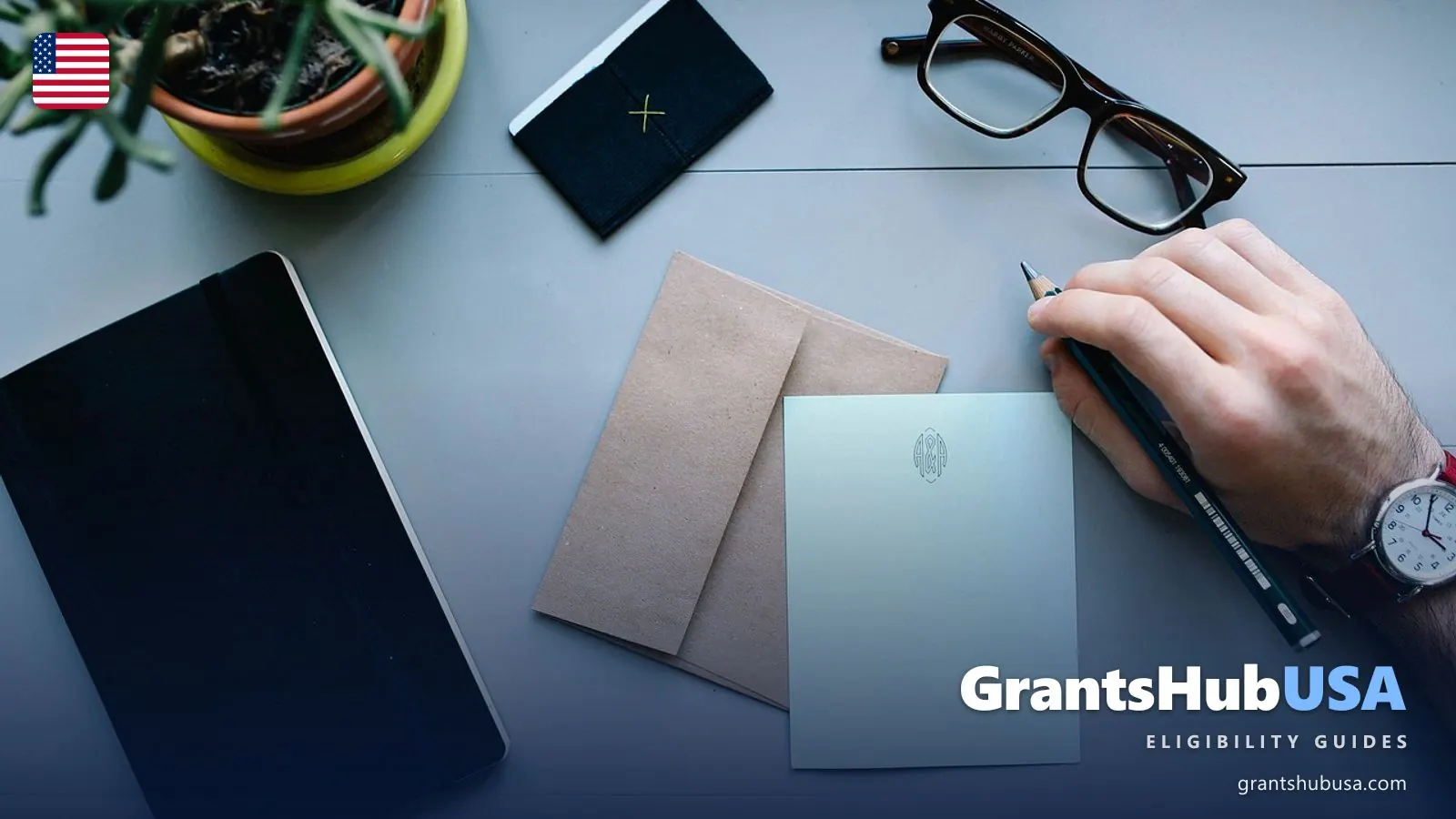 A desk with an opened envelope, a letter, reading glasses, and a hand holding a pen, illustrating reviewing the Medicare Annual Notice of Change before 2027. GrantsHubUSA Medicare guide.