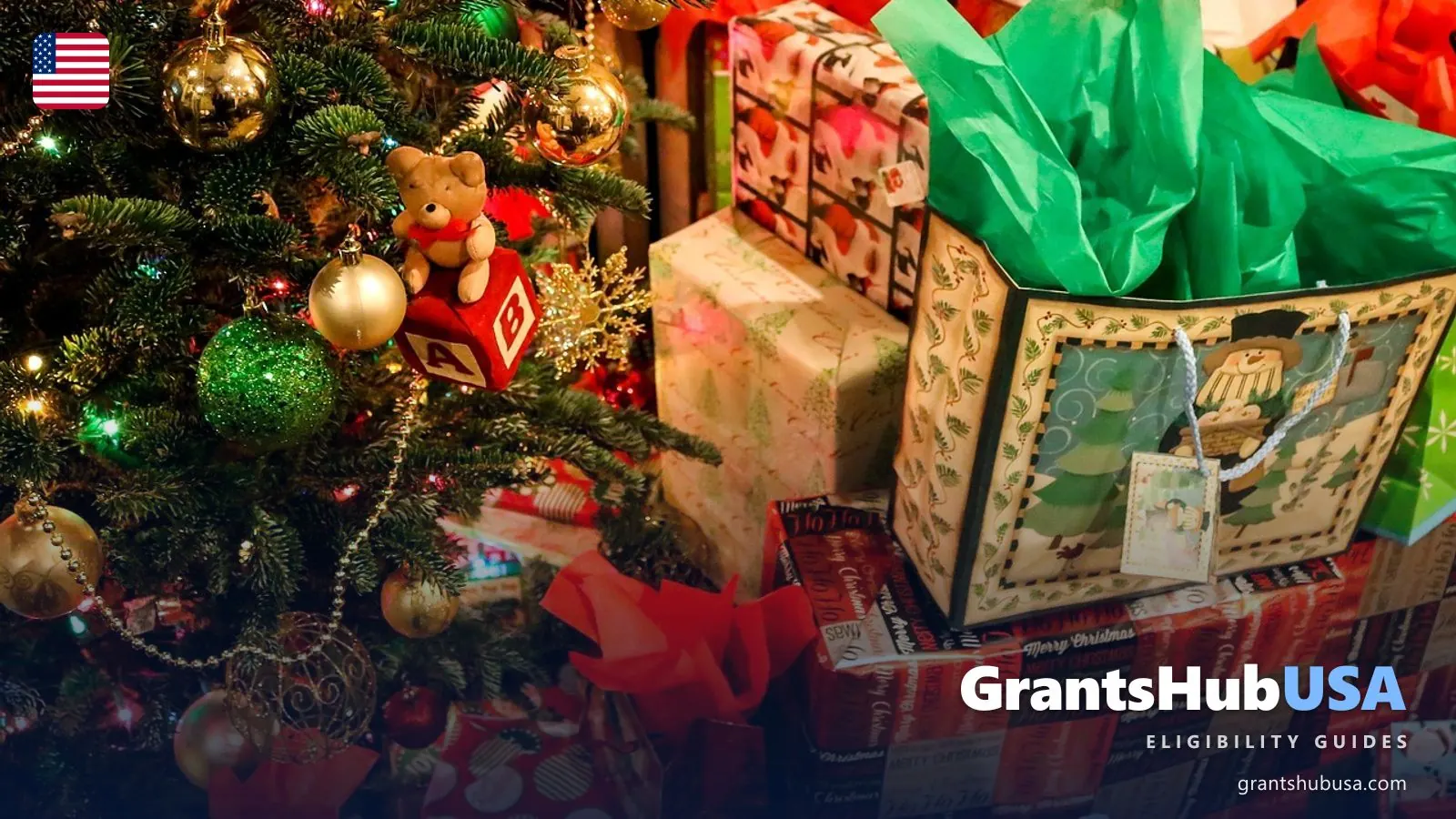 Wrapped Christmas presents and a gift bag under a decorated tree with a teddy bear ornament, illustrating Angel Tree sign up for children's Christmas gifts. GrantsHubUSA family assistance guide.