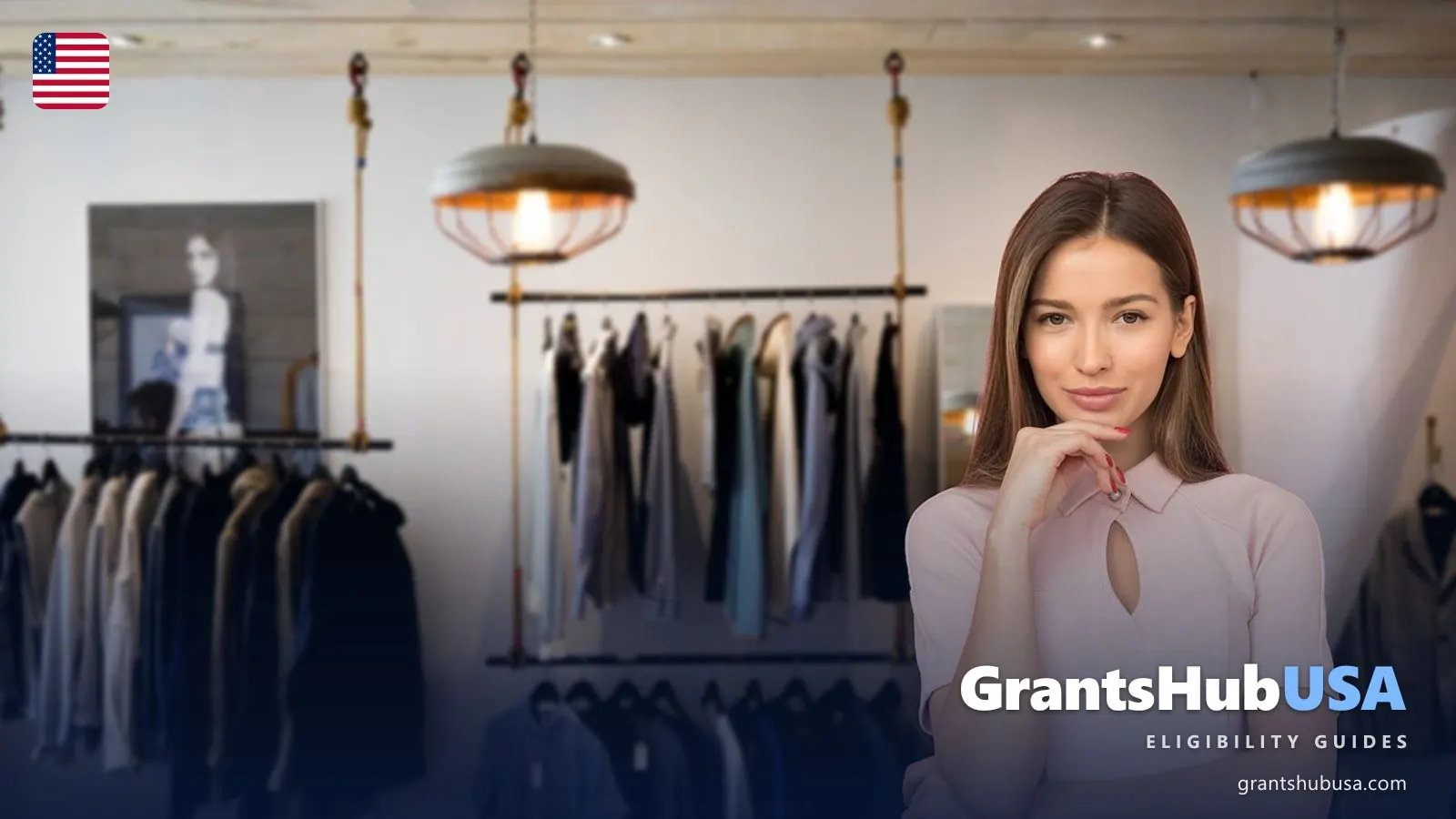 Woman business owner standing in her clothing boutique beside racks of clothing