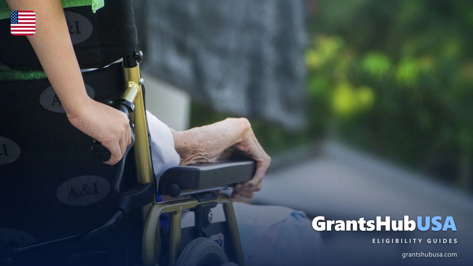 A caregiver pushes an older adult in a wheelchair outdoors, the kind of daily help Medicaid long-term care can pay for