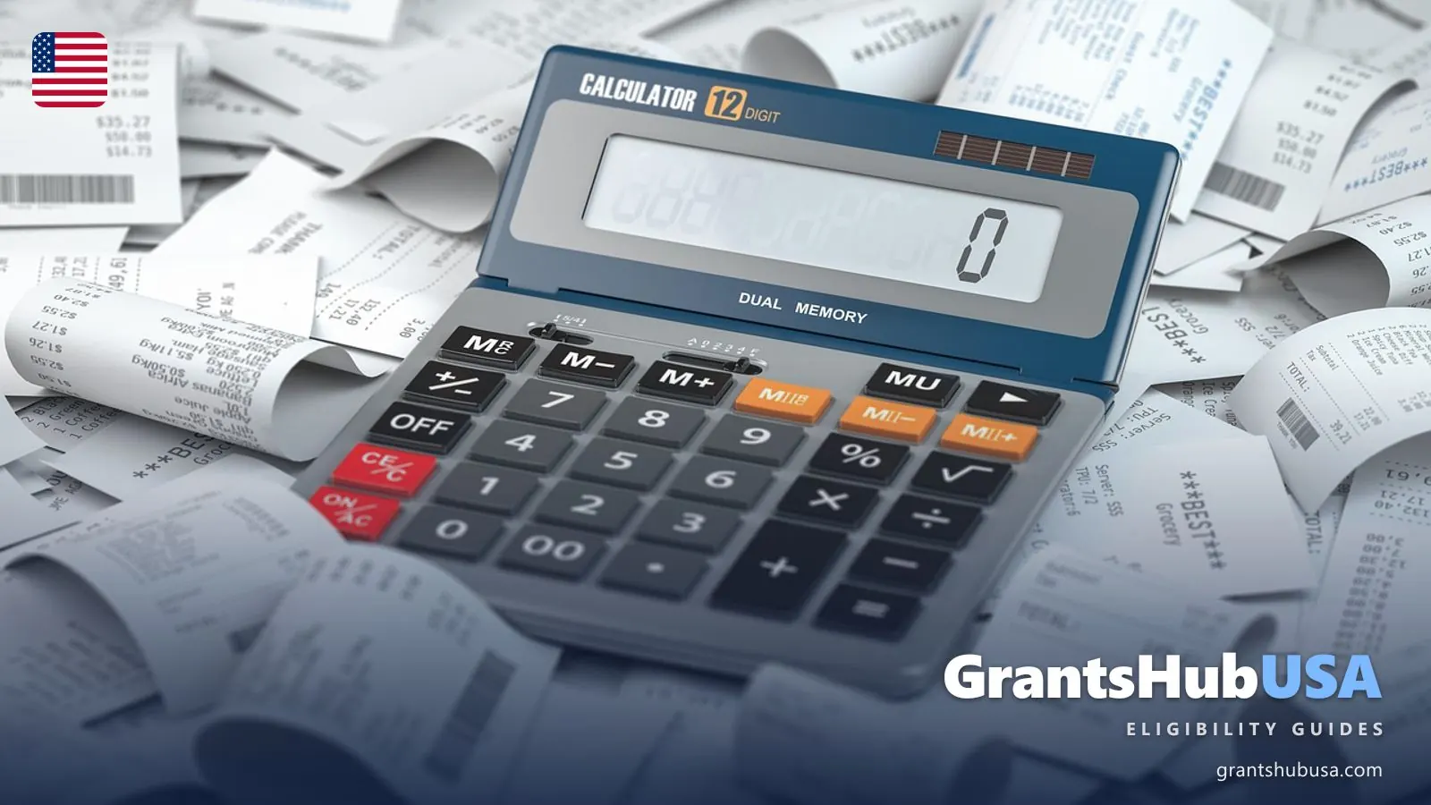 A calculator resting on a pile of paper receipts, the kind of bills that count toward a Medicaid spend down