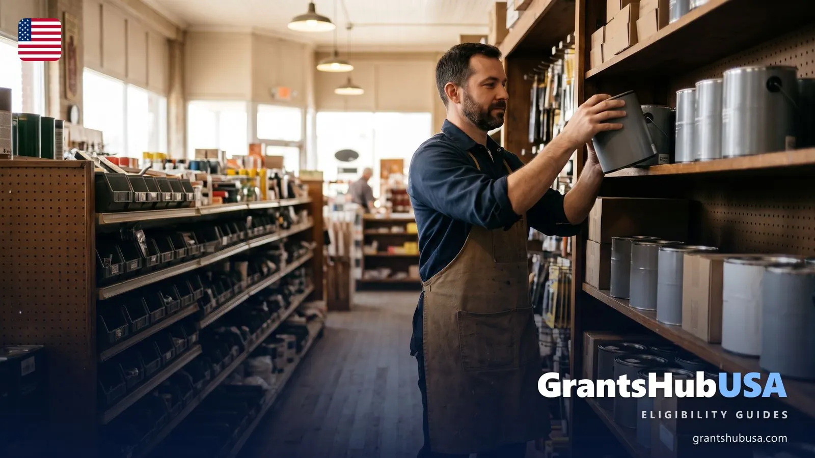 Hardware store worker in a canvas apron stocking paint cans on a wooden shelf