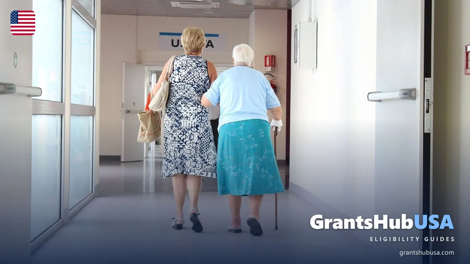 Older woman with a cane walking down a hospital corridor beside a younger companion